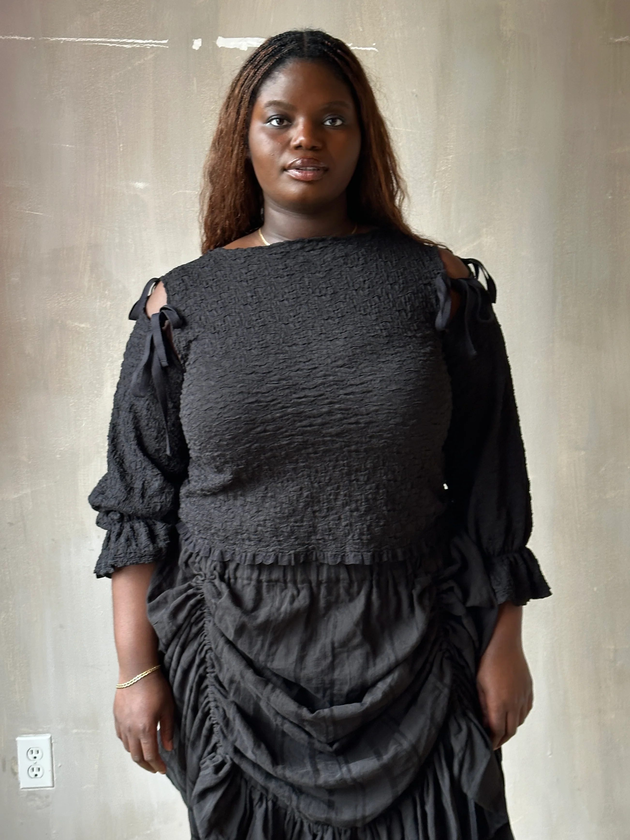 Spring'26: Detached Half Sleeve Top in Textured Black Cotton (Pre-Order) - Image 5