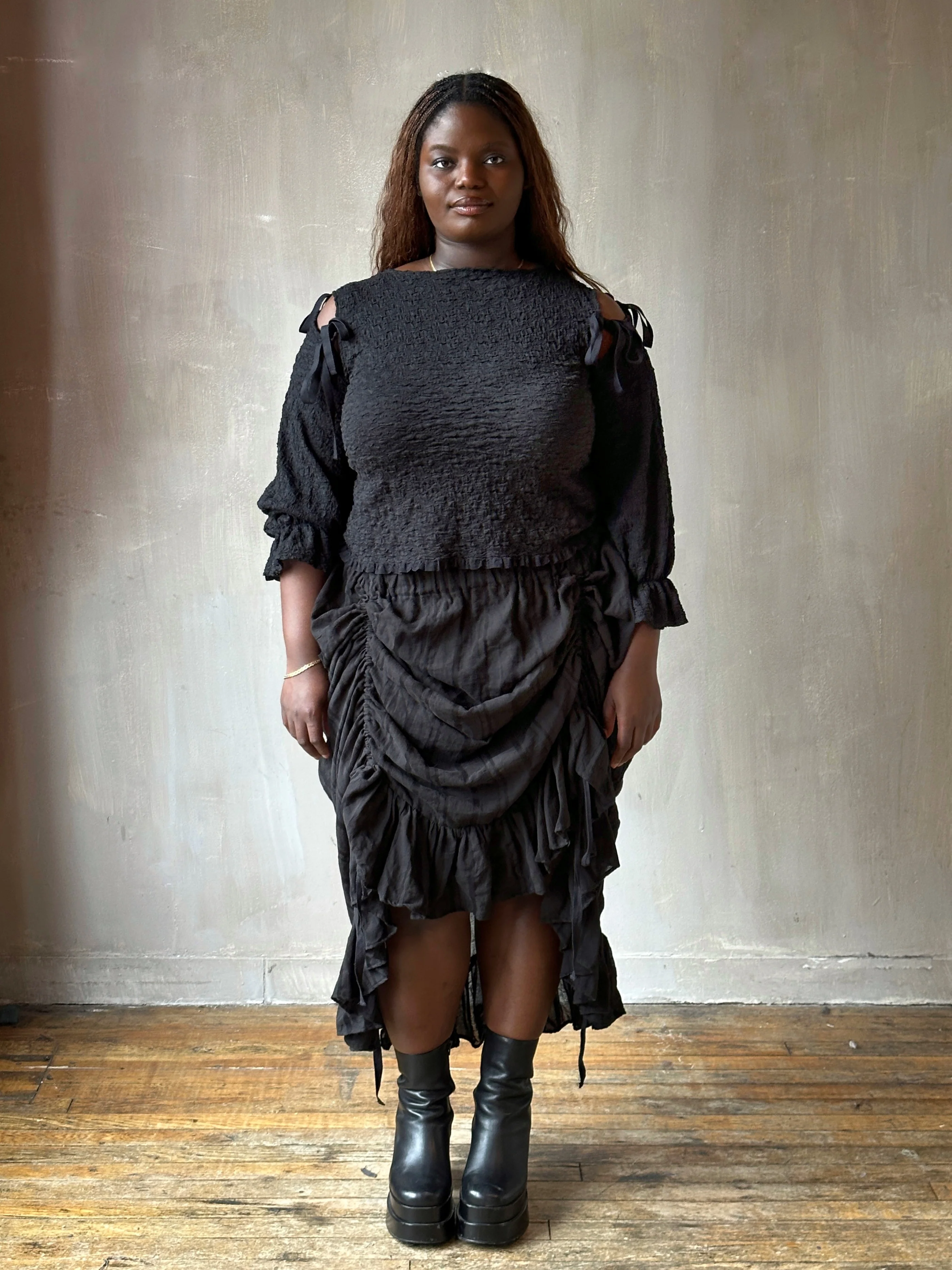Spring'26: Detached Half Sleeve Top in Textured Black Cotton (Pre-Order) - Image 3